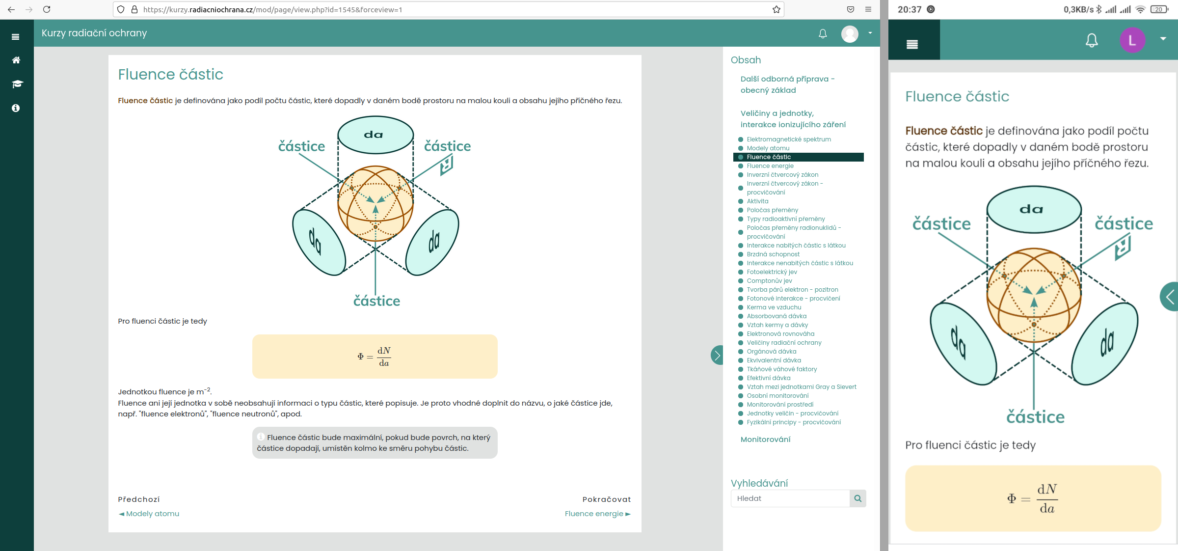 An example of a slide from course for radiotherapy professionals with illustration. Left view from web browser in desktop computer / laptop, right view from web browser in mobile phone. © SÚRO