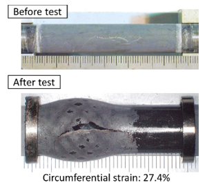 Appearances of samples before and after the tube burst test. In the test, a tube sample was pressurized from inside by silicon oil at 300°C until it failed. Circumferential strain at failure which corresponds to cladding ductility was measured after the test. © NRA