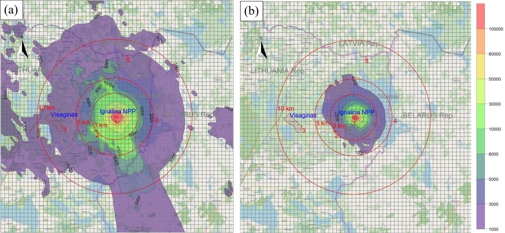  © LEI    Hourly averaged Cs-137 concentration in the air (Bq/m3) in case of large aircraft crash: 99.7th (a) and 95.5th (b) percentile values in the region of 30×30 km © LEI