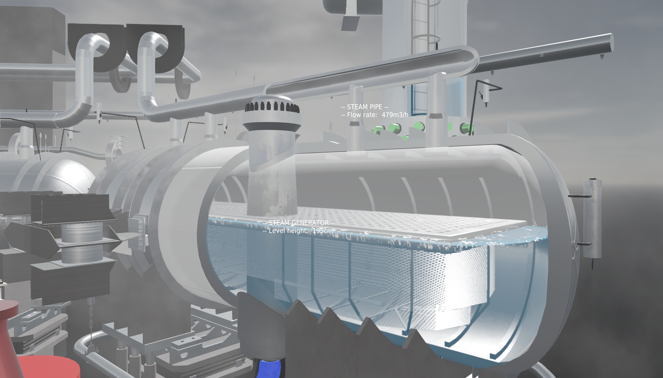 View inside the steam generator with visualized level and steam flow into the main steam line