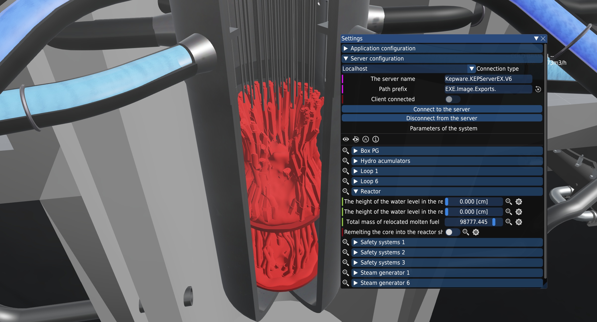 Visualization of the core degradation based on the data from the Melcor model. 3D VR model includes also the offline mode.