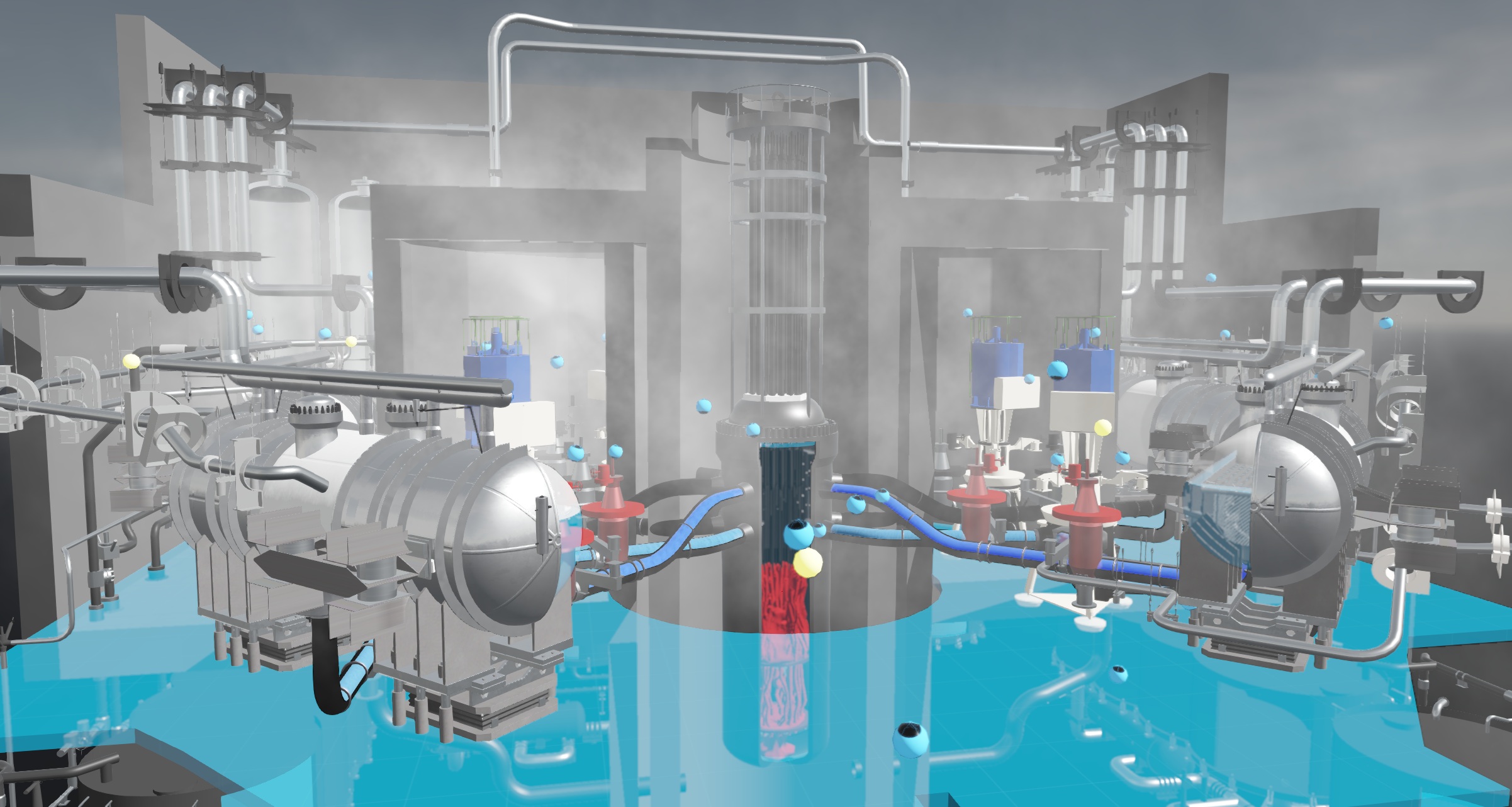 Evolution of the loss of coolant accident combined with the station blackout - temperature over 1 200 °C, core degradation, hydrogen (blue particles), radiation (yellow particles), coolant in containment.