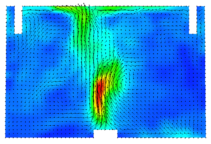 Flow field modeling around the fire source (bottom) and ventilation openings (top) during a fire in a confined and mechanically-ventilated enclosure fire, reproducing OECD/NEA PRISME experiments. ©  UGent 2021