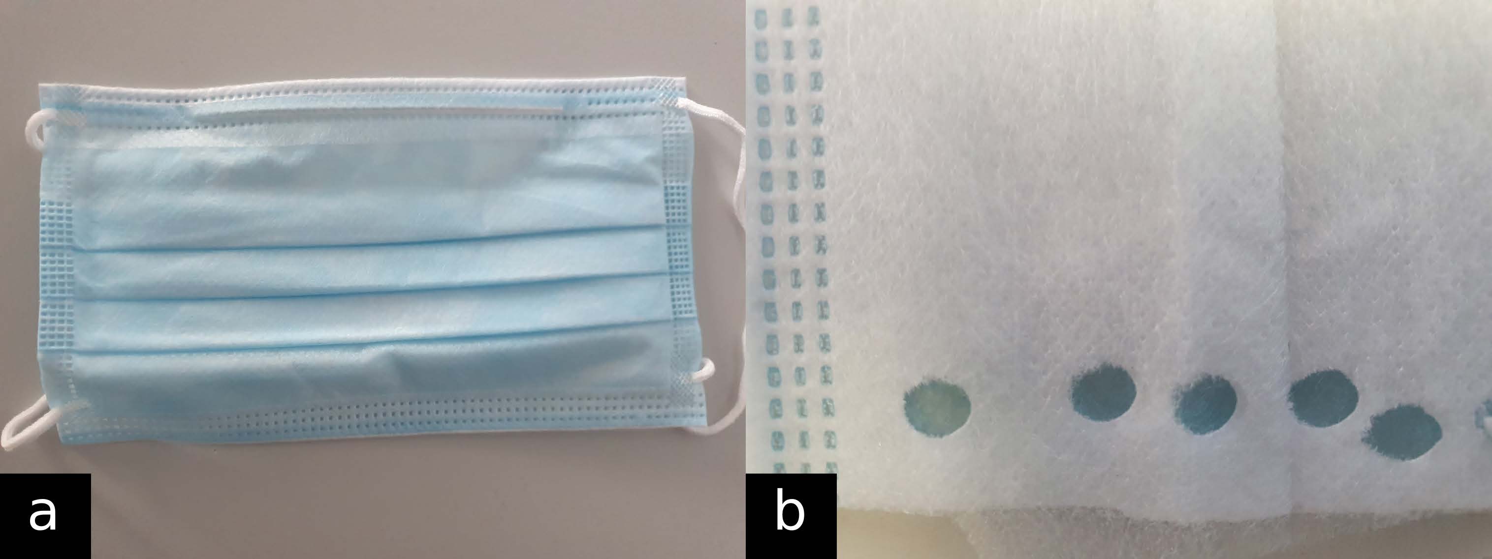 Picture of the face mask used for the dose response study (a). The samples were taken from the mask using a standard hole puncher (b). (© PSI)