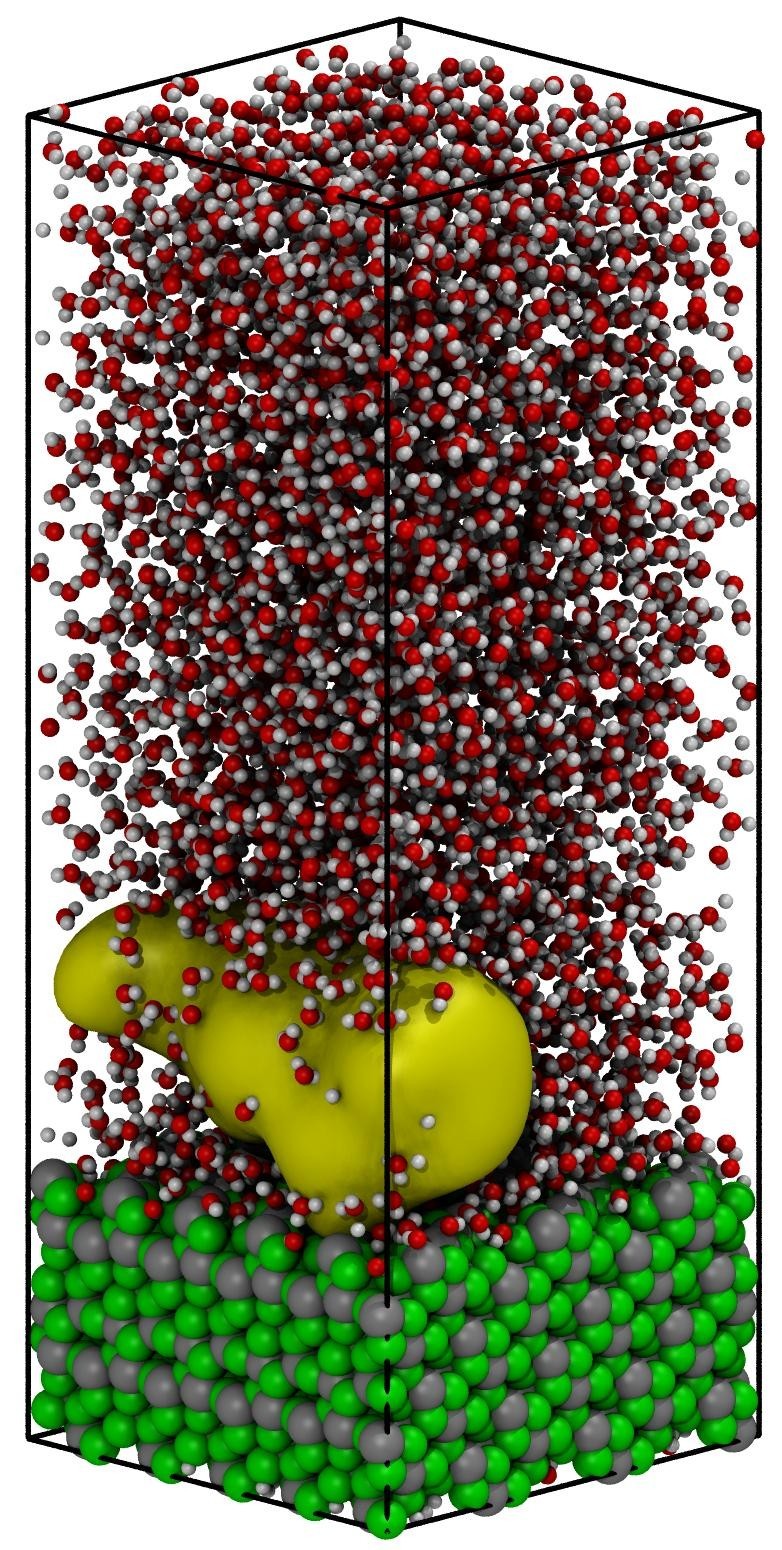 Fig. 3 Representation of the initial stage of heterogeneous water nucleate boiling in contact with the hydrophilic (-111) interface of mZrO2. An initial void at distance ~7Å from the solid interface nucleates which grows (continued) © PSI