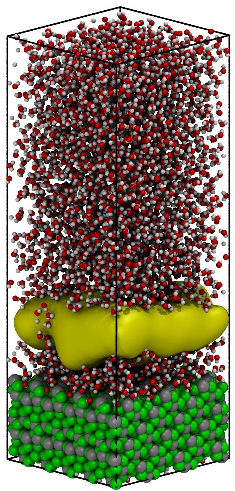 Fig. 4 Representation of the initial stage of heterogeneous water nucleate boiling in contact with the hydrophilic (-111) interface of mZrO2. An initial void at distance ~7Å from the solid interface nucleates which grows until the formation of a void layer © PSI