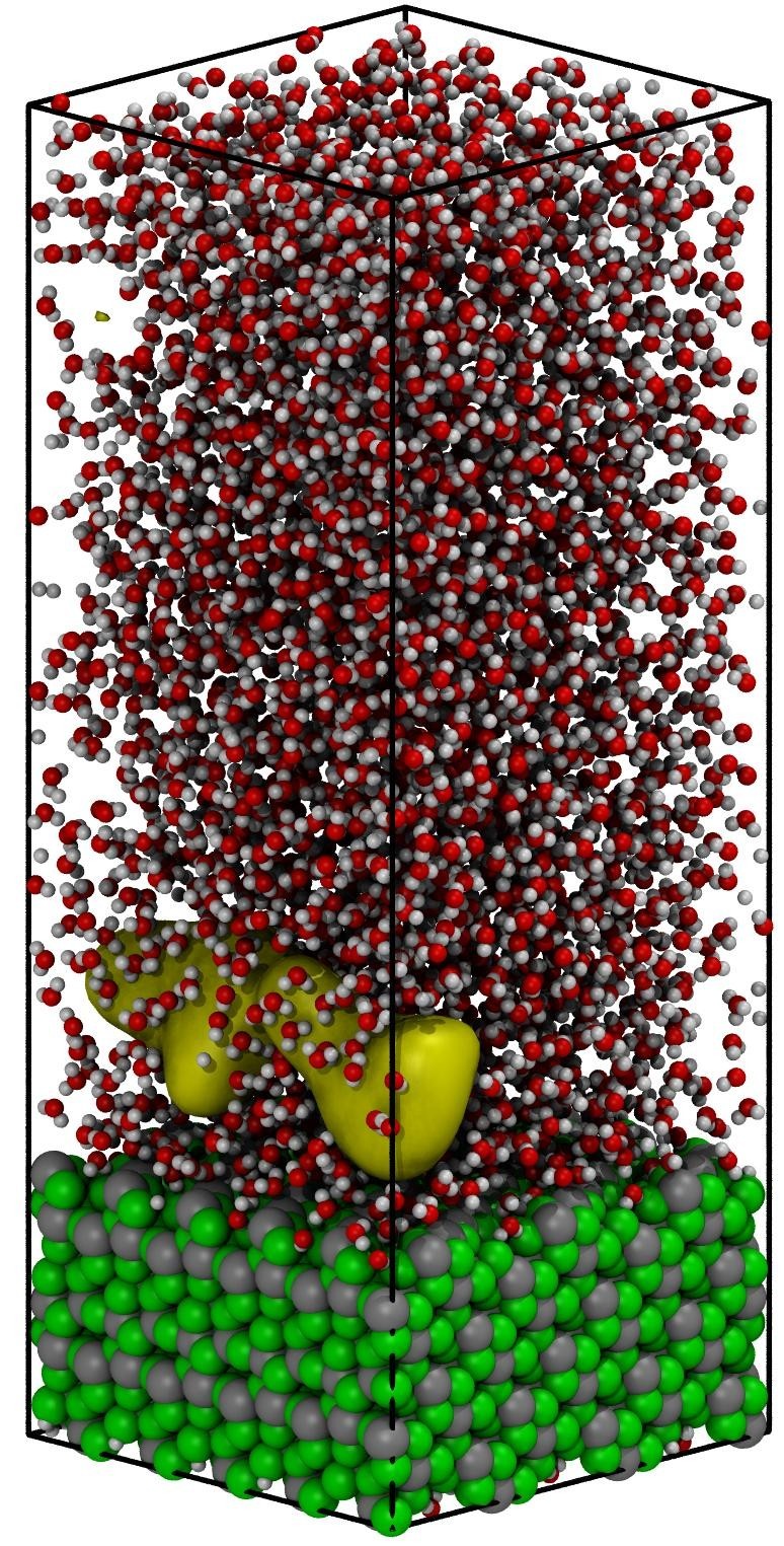 Representation of the initial stage of heterogeneous water nucleate boiling in contact with the hydrophilic (-111) interface of mZrO2. An initial void at distance ~7Å from the solid interface nucleates © PSI